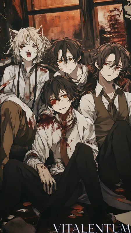 Bloodstained friends resting after a long, haunted night.