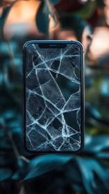 Cracked smartphone screen hangs amid moody teal foliage