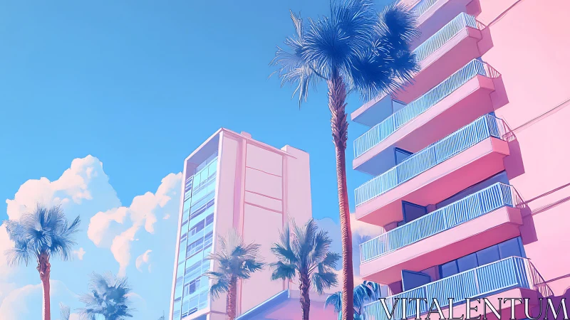 Sunlit pastel towers and palms in a dreamy coastal sky.