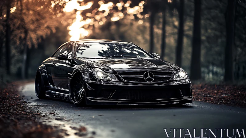 Black Mercedes coupe slices through moody autumn forest road.