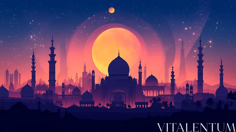Magical desert city glows under a radiant moonlit sky