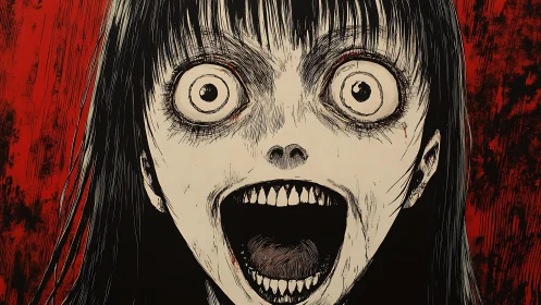 Hysterical horror portrait explodes in stark black and red.