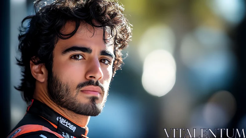 Sunlit racer gazes back with calm, quietly focused confidence