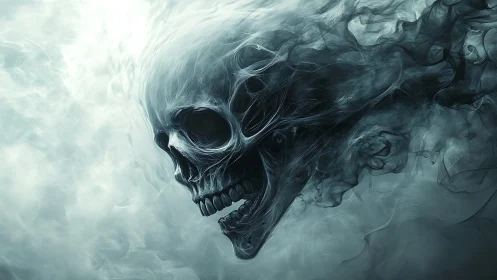 Translucent skull form emerges from dense swirling smoke