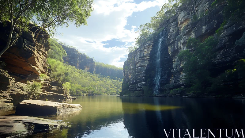 Sunlit sandstone gorge frames tranquil waterfall lagoon