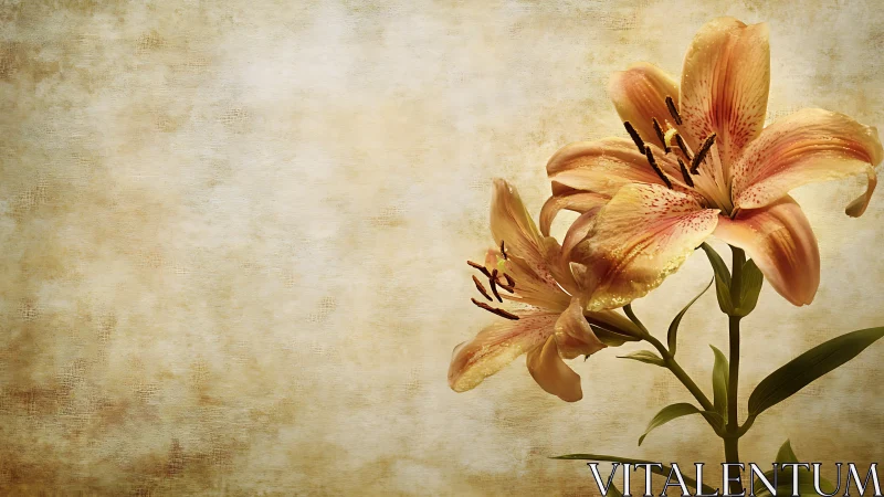 Amber Lilies Against Textured Beige Background with Aged Patina