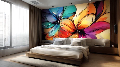 Bedroom wall blooms into colossal abstract neon petals