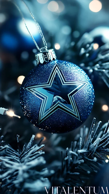 Glittering blue star ornament glows on a frosted tree