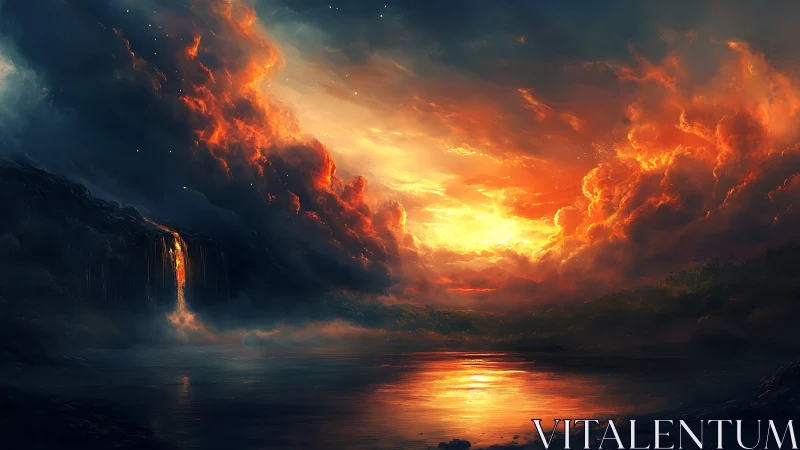 Fiery storm clouds ignite sunset above reflective lake