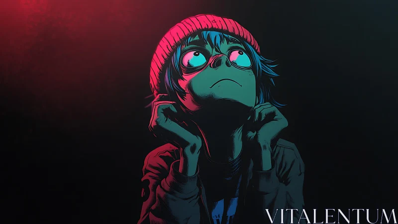 Stylized character in red beanie under contrasting neon light.