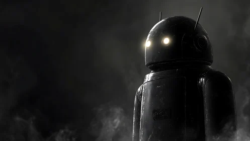 Dark humanoid robot with illuminated eyes in smoky space.