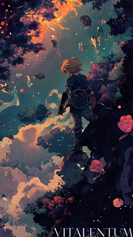 Solitary figure on cliff above clouds under glowing sky.