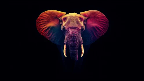 Neon elephant portrait glows against deep black void.