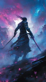 Digital painting of lone swordsman in radiant nebula storm.