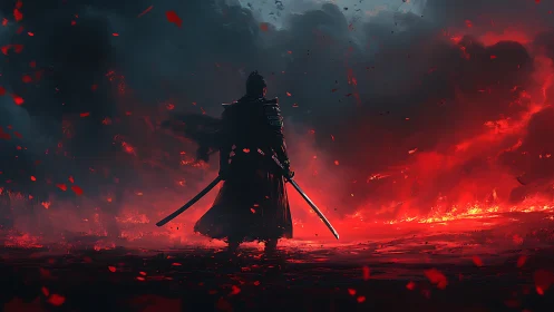 Lone samurai in ember-lit storm, holding twin katana blades.