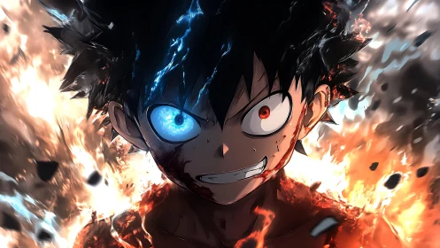 Bicolored-eyed anime warrior emerges amid explosive inferno