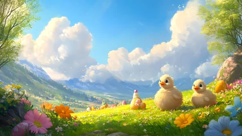 Spring meadow ducklings among flowers and Easter eggs.