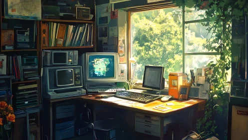 Digital painting of retro workstation facing sunlit studio window.