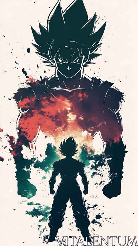 Ink-splashed warrior confronting colossal shadowed self.