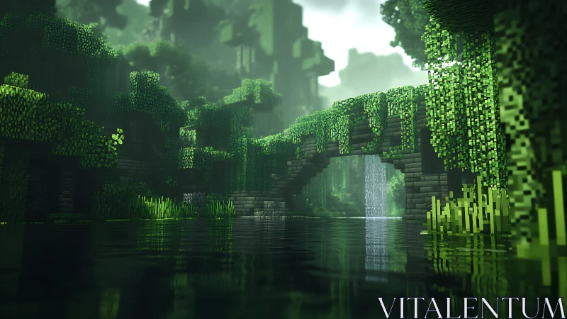 Digital Cavern with Voxel Vegetation and Cascading Waterfall.
