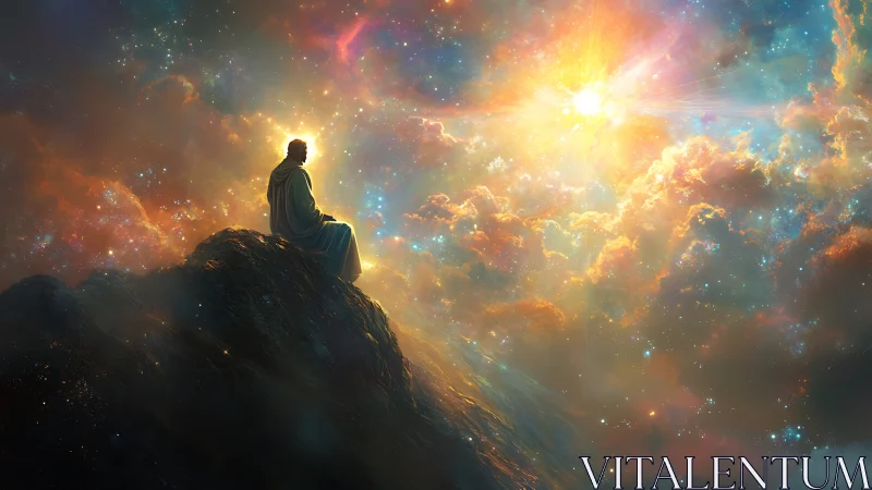 Solitary robed figure on rocky peak under luminous nebula sky.