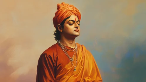 Serene monk in saffron robes stands in quiet contemplation.