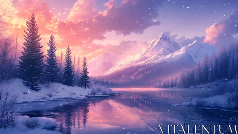 Iridescent alpine lake at dusk with snow laden conifers