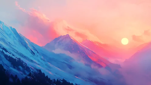 Vibrant pink sunset over stylized snow covered mountains.