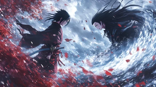 Rival samurai duel amid red petals and storm-torn seas.