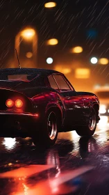 Vintage sports coupe in neon rain on reflective night street.