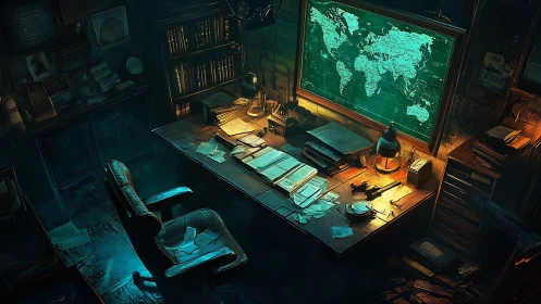 Dimly lit study with world map and cluttered wooden desk.