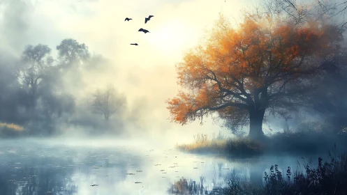 Misty lakeside sunrise with a glowing autumn tree.