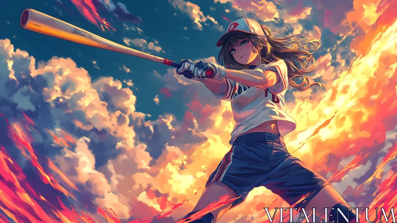 Anime slugger readies swing under blazing sunset sky.