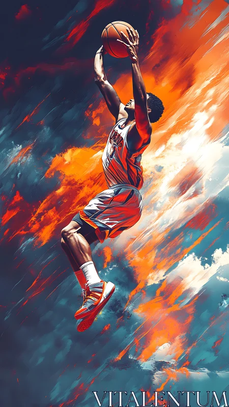 Explosive basketball dunk slices through fiery painted sky.