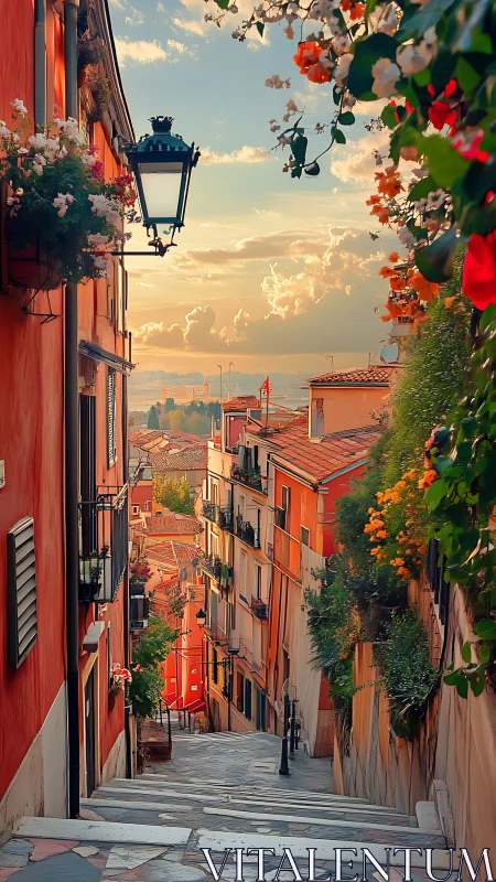 Sunset-tipped stairs pour through a flowered Mediterranean lane