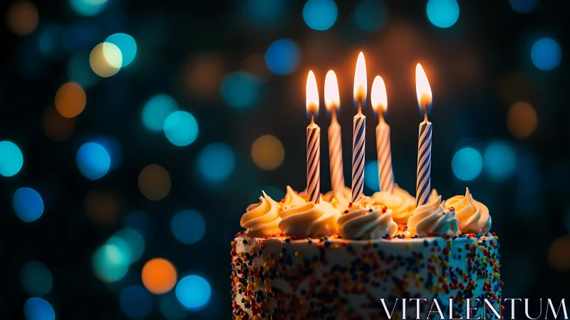 Illuminated Birthday Cake with Spiral Candles and Bokeh Ambient Lighting.