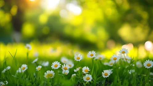 Daisies in Spring Meadow with Golden Sunlight