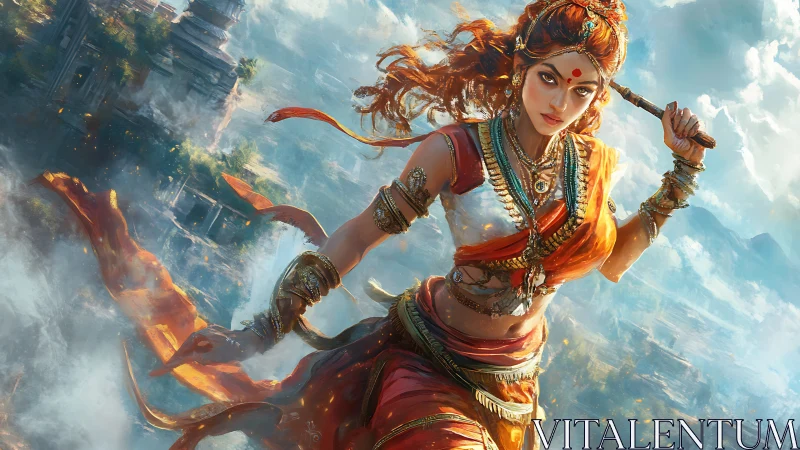 Mythic warrior goddess in kinetic aerial battle composition.