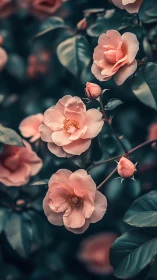 Pale Pink Garden Roses with Visible Stamens and Foliage