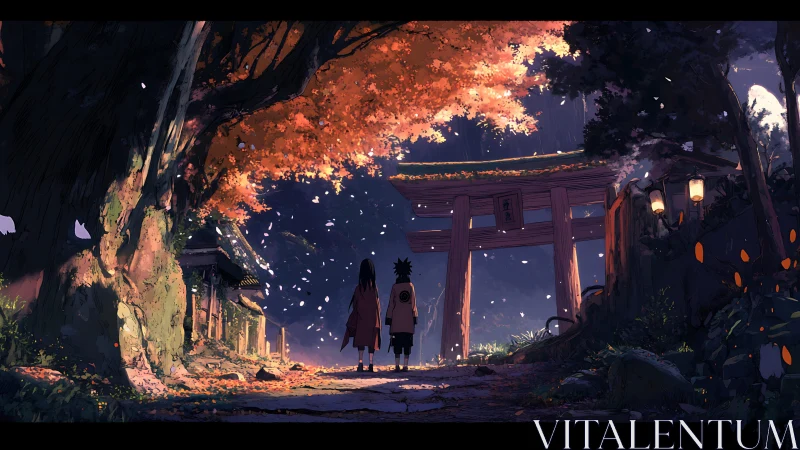 Autumn shrine pathway with two figures under torii gate at dusk.