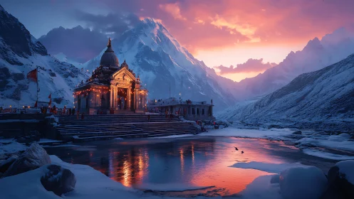 Mountain temple glowing at sunset beside a quiet river.