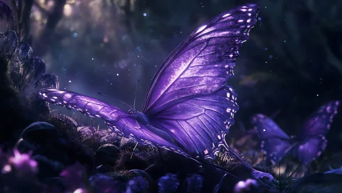 Bioluminescent violet butterfly rests in nocturnal forest glade