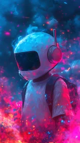 Neon astronaut silhouette within prismatic cosmic vapor field.