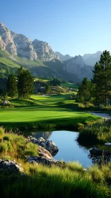 Mountain golf course with pond and distant rocky peaks.