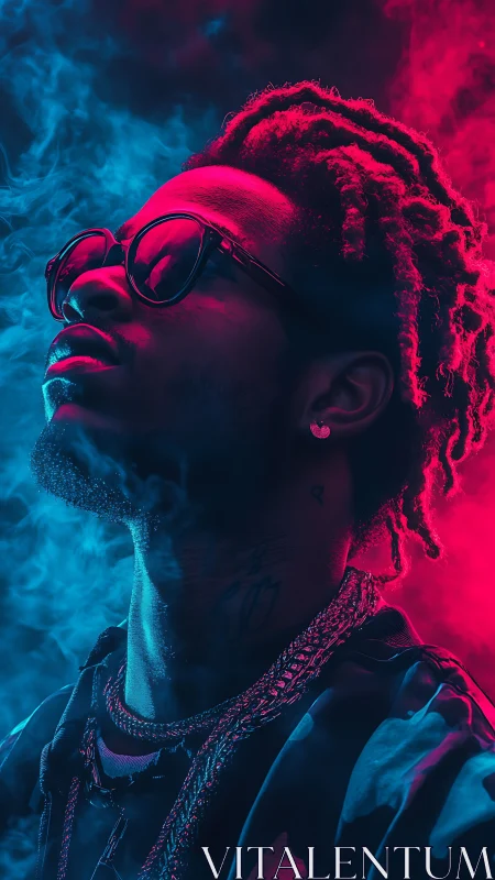 Portrait captures neon lit profile with vivid smoke contrast