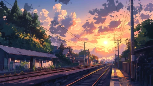 Railway tracks through small town at low sun over horizon.