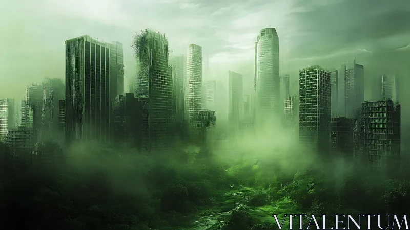 Overgrown skyscraper skyline emerges through dense green fog