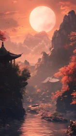 Gentle sunset moon glows over tranquil red autumn valley
