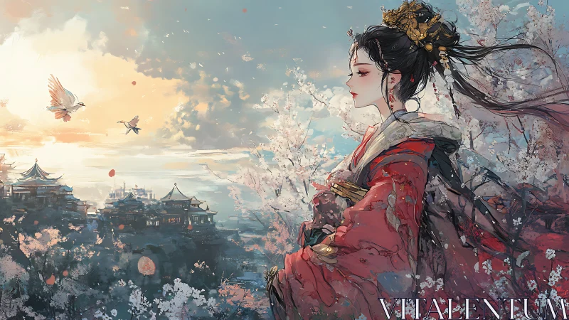 Digital painting of regal maiden in blossom-filled palace vista.