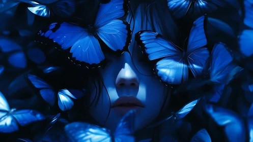 Human face partially obscured by clustered blue butterflies.
